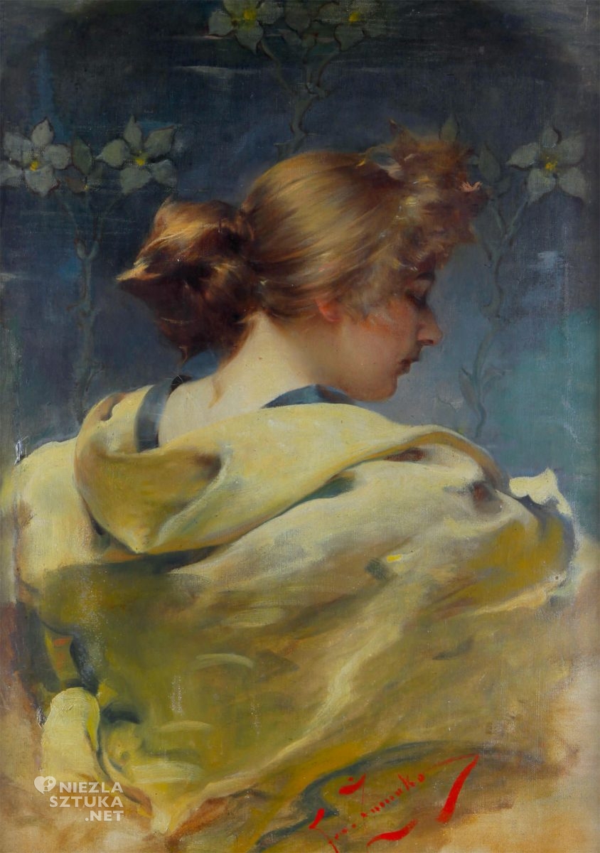 Franciszek Żmurko, Portret młodej kobiety, lilie, sztuka polska, malarstwo polskie, Niezła Sztuka