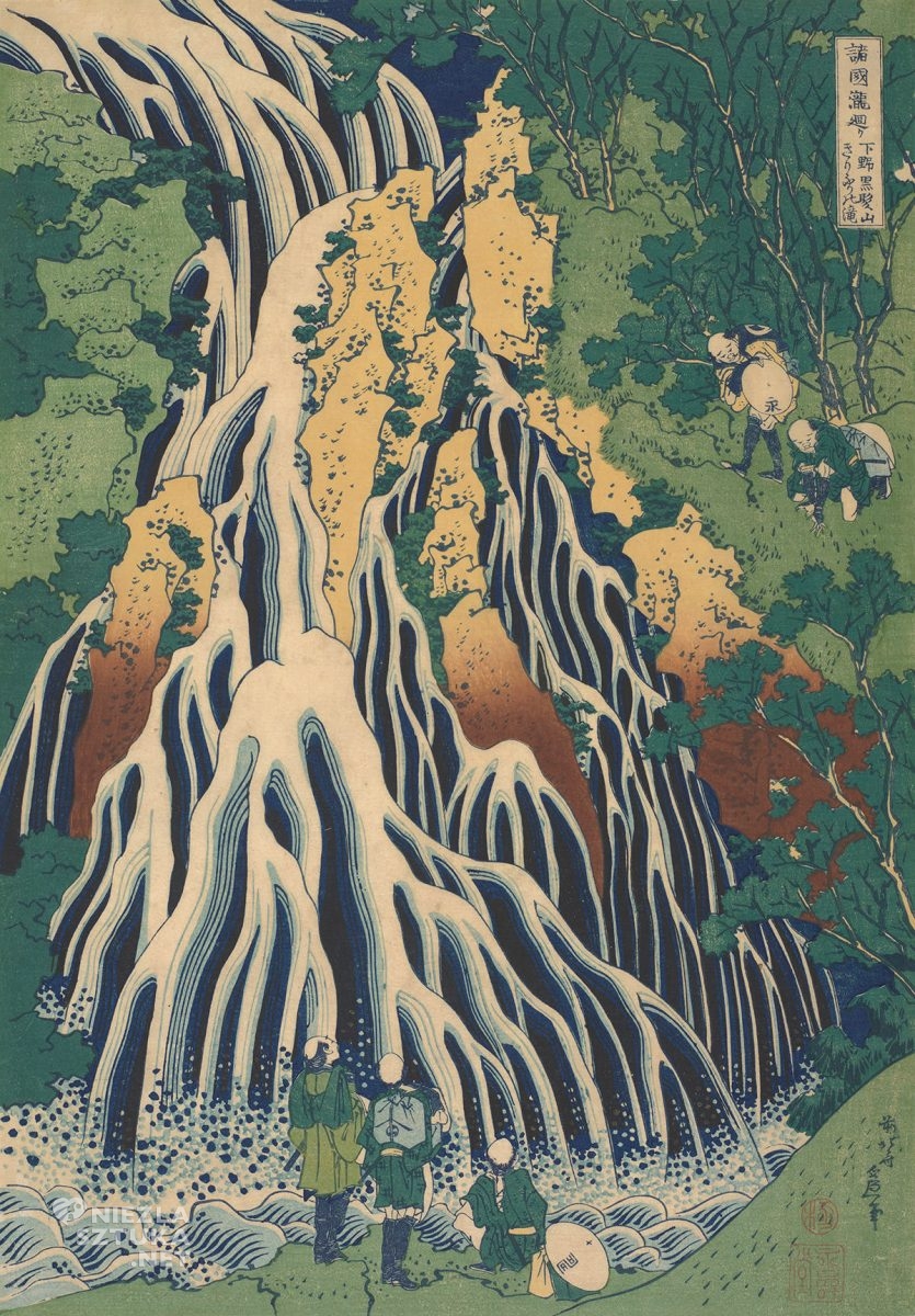 Hokusai Katsushika, Pielgrzymi w wodospadzie Kirifuri na górze Kurokami w prowincji Shimotsuke, sztuka japońska, Niezła Sztuka