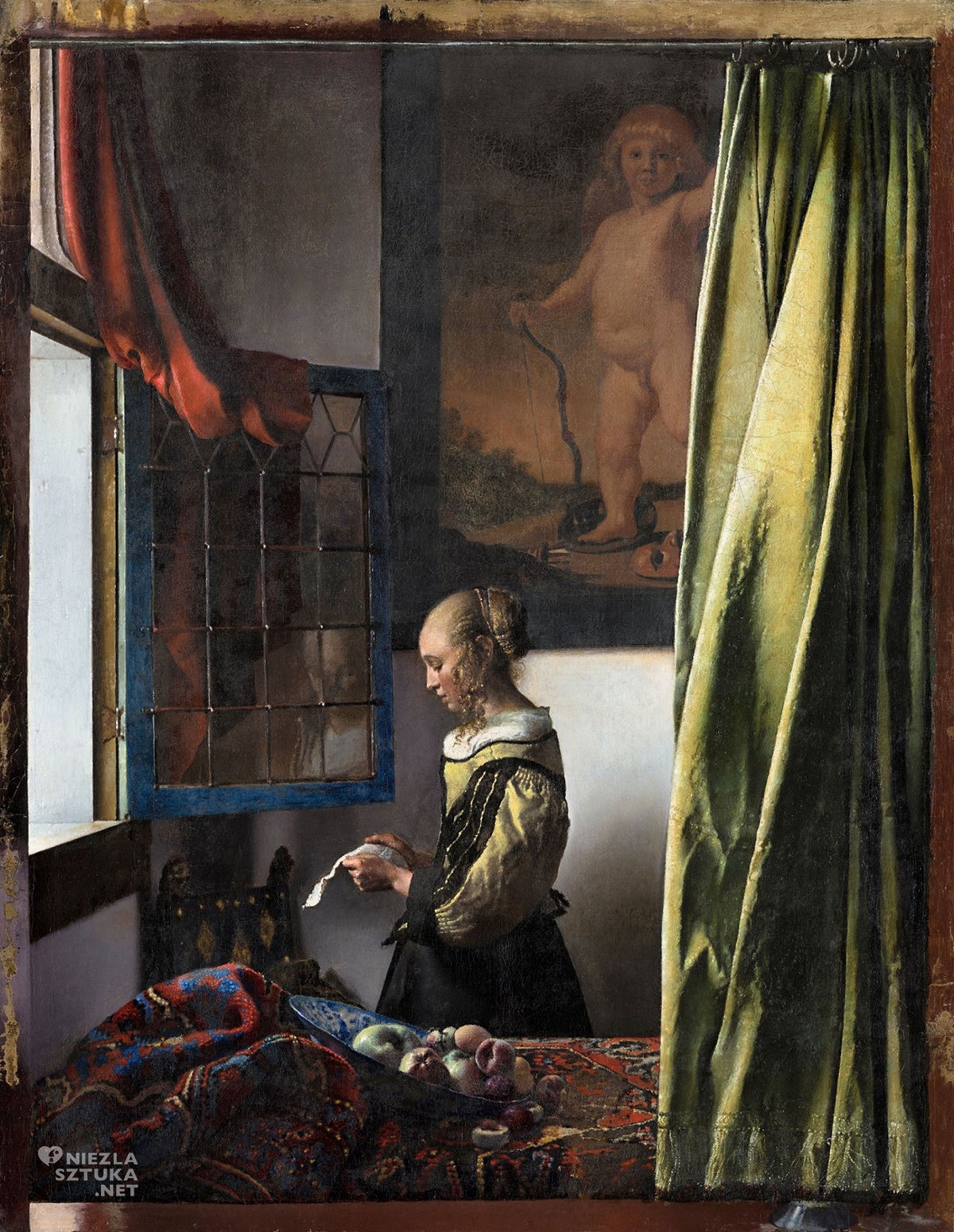 Johannes Vermeer, Dziewczyna czytająca list przy otwartym oknie, kupidyn, obraz w trakcie renowacji, ok. 1657-59, Galeria Obrazów Starych Mistrzów, Drezno, Niezła sztuka
