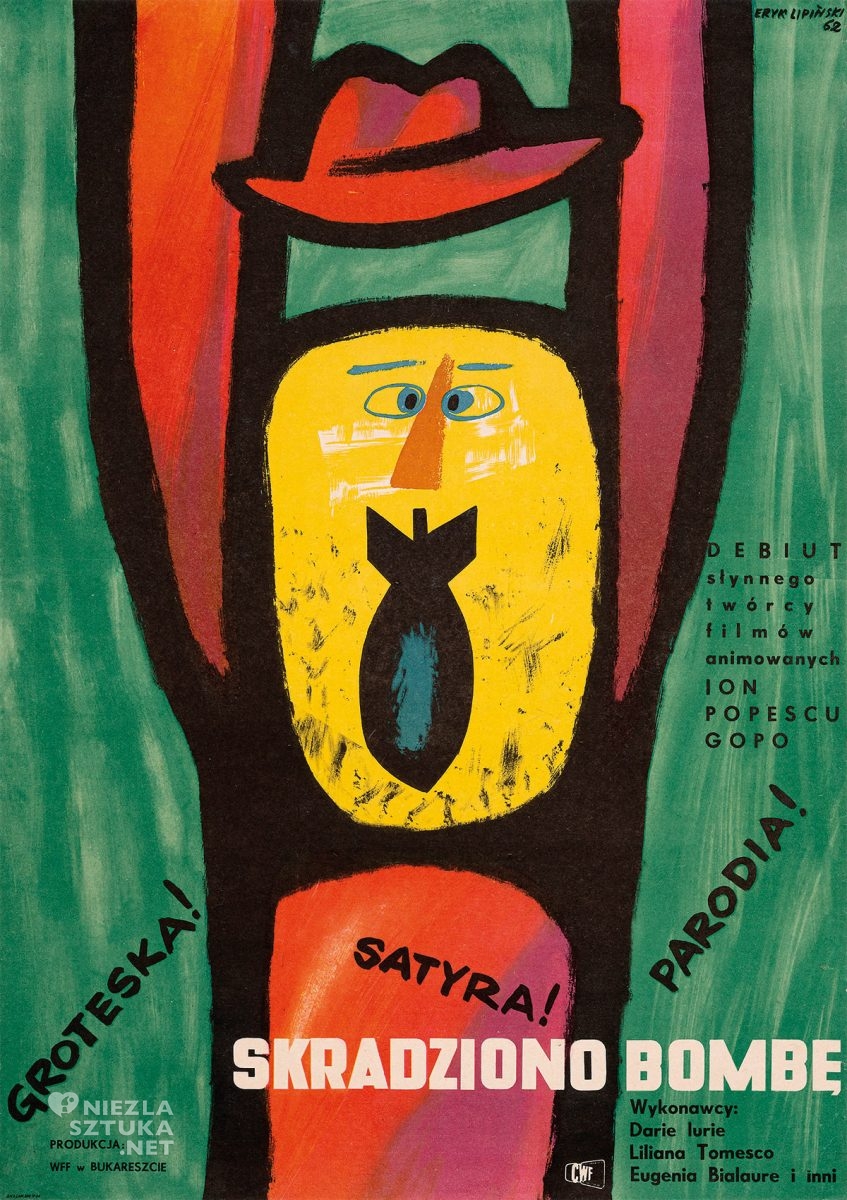 Eryk Lipiński, plakat filmowy, Skradziono bombę, film rumuński, polska szkoła plakatu, Niezła Sztuka
