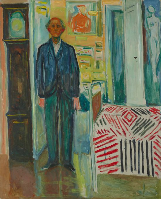 Edvard Munch, Autoportret pomiędzy zegarem a łóżkiem, ekspresjonizm, sztuka norweska, Niezła Sztuka