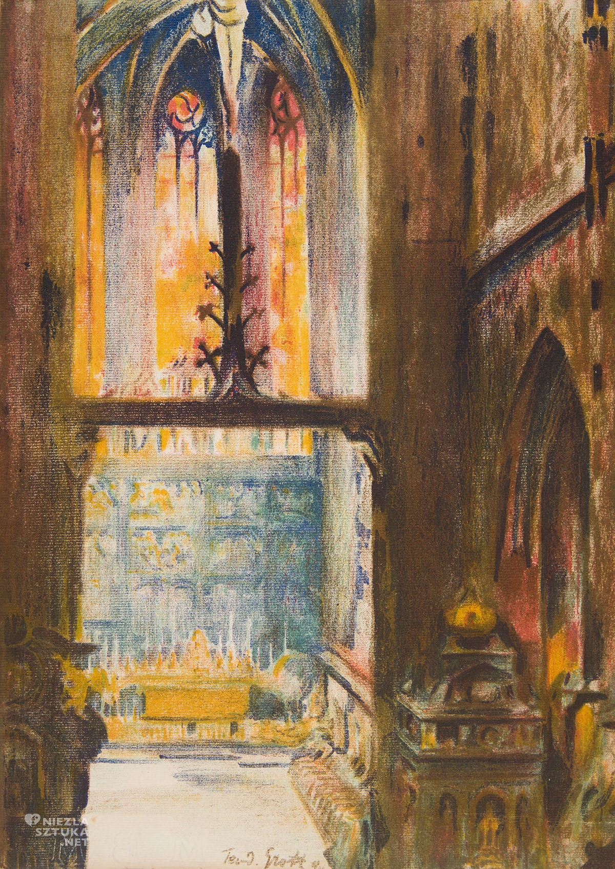 Teodor Grott, Wnętrze Kościoła Mariackiego, Kraków, sztuka polska, Niezła Sztuka