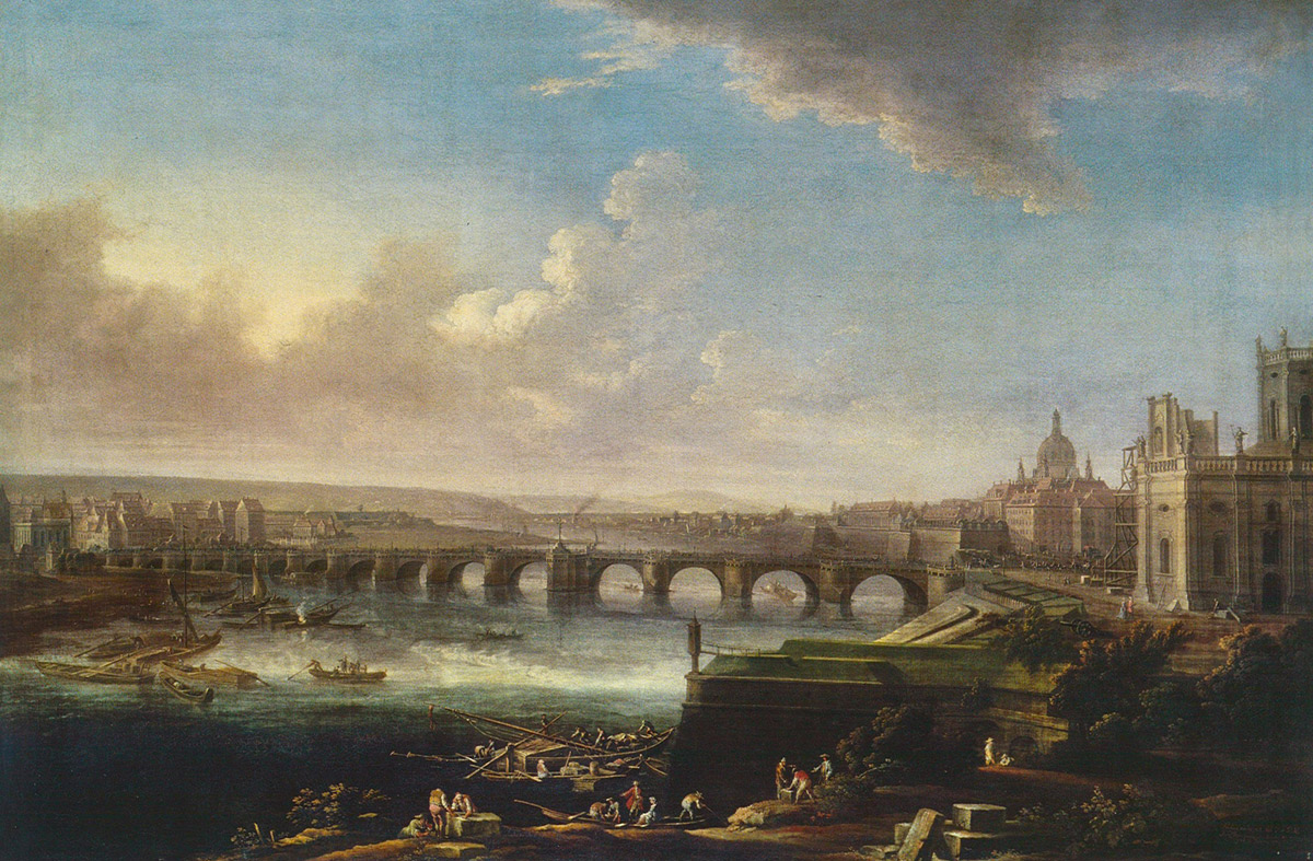 Johann Alexander Thiele, pejzaż, Widok Drezna z mostem Augusta, drezno, niezła sztuka