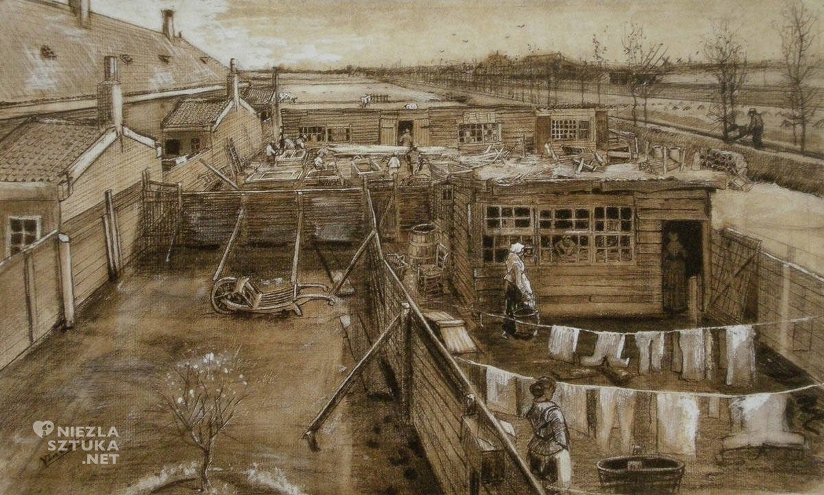 Vincent van Gogh, Podwórko stolarza i pranie, rysunek, Haga, Holandia, Niezła Sztuka
