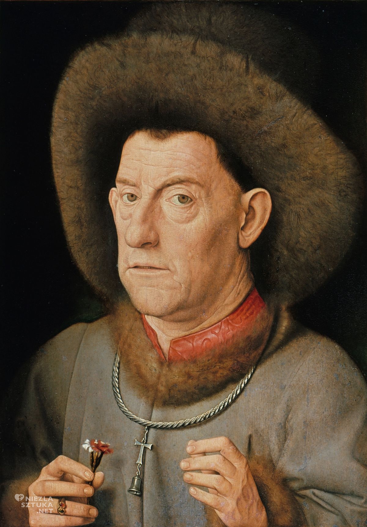 Jan van Eyck, Portret mężczyzny z goździkiem, malarstwo niderlandzkie, vanitas, niezła sztuka