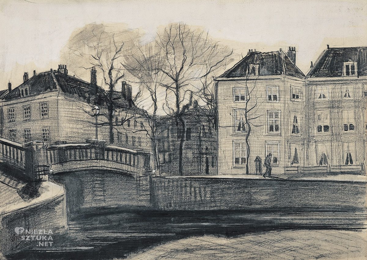 Vincent van Gogh, Most i budynki na rogu Herengracht i Prinsessegracht, Haga, Holandia, rysunki, Niezła Sztuka