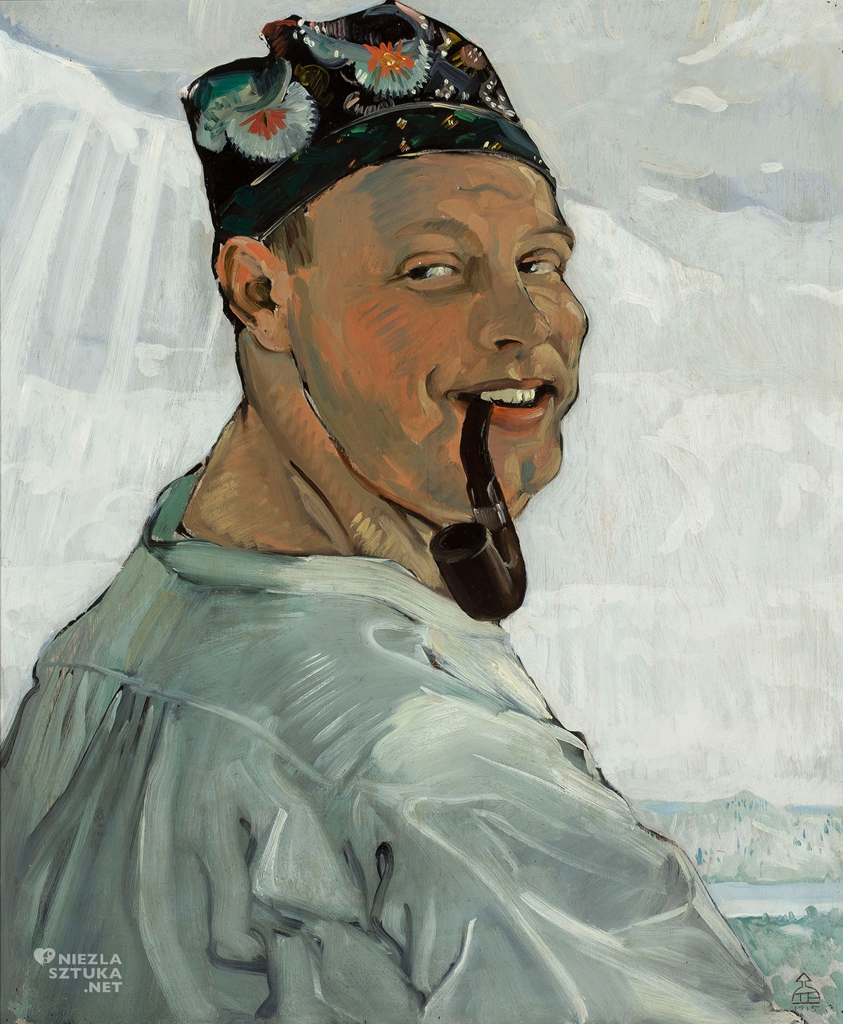 Tadeusz Pruszkowski, Autoportret z fajką, sztuka polska, malarstwo polskie, Niezła Sztuka
