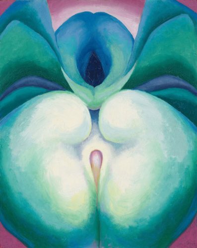 Georgia O'Keeffe, White and Blue Flower Shapes, kwiaty w malarstwie, amerykańska artystka, amerykańska sztuka, kobiety w sztuce, malarka, Niezła Sztuka