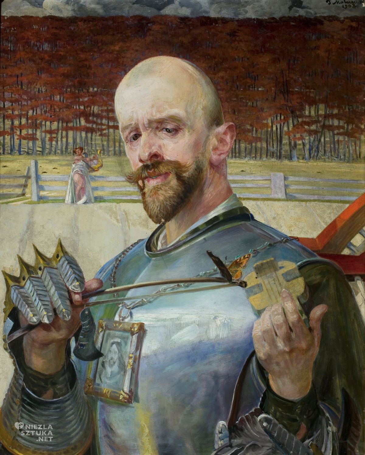 Jacek Malczewski, Autoportret w zbroi ze skrzypeczkami, sztuka polska, Niezła Sztuka