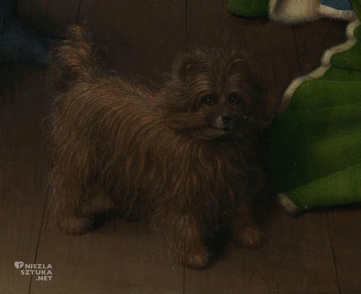 Jan van Eyck, Portret małżonków Arnolfinich, Arnolfini, malarstwo niderlandzkie, pies w sztuce, pies w malarstwie, niezła sztuka