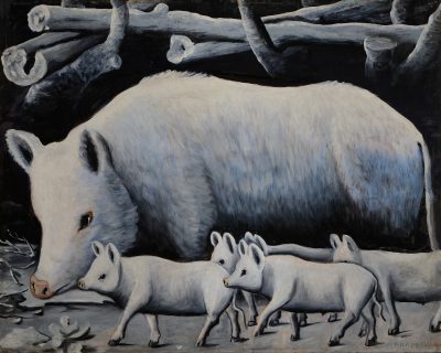 Niko Pirosmani, white sow with pigs, malarstwo, sztuka gruzińska, Niezła Sztuka