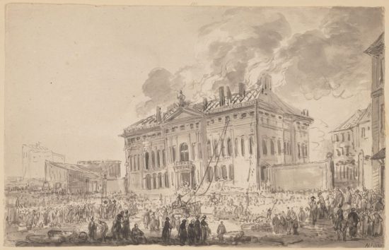 Jan Piotr Norblin,Pożar pałacu Krasińskich w Warszawie, Muzeum Narodowe w Krakowie, Warszawa, okres stanisławowski, niezła sztuka