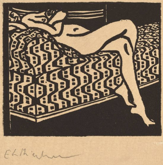 Ernst Ludwig Kirchner, Akt, Naga dziewczyna na sofie, ekspresjonizm, drzeworyt, sztuka niemiecka, Niezła Sztuka
