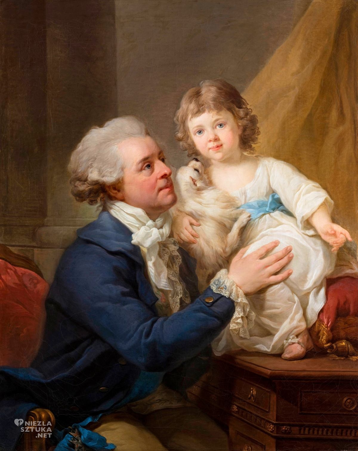 Marcello Bacciarelli, Portret Michała Jerzego Mniszcha z córką Elżbietą i psem Kiopkiem, malarstwo, klasycyzm, Niezła Sztuka