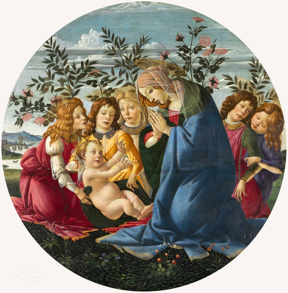 Sandro Botticelli, Madonna adorująca dzieciątka z pięcioma aniołami, sztuka włoska, Niezła Sztuka