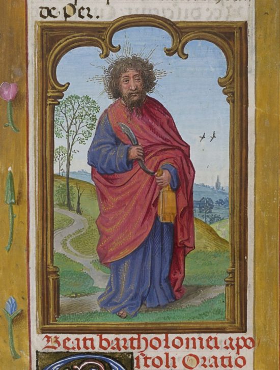św. Bartłomiej trzymający nóż i księgę w oprawie, święty Bartłomiej, Brewiarz Królowej Izabeli Kastylijskiej, ikonografia świętych, niezła sztuka