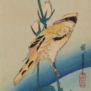 Utagawa Hiroshige, Ptak żółty zimorodek na gałązce róży chińskiej, drzeworyt, sztuka japońska, ukiyo-e, Niezła Sztuka
