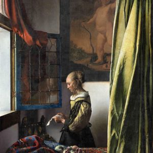 Johannes Vermeer, Dziewczyna czytająca list przy otwartym oknie, kupidyn, obraz w trakcie renowacji, ok. 1657-59, Galeria Obrazów Starych Mistrzów, Drezno, Niezła sztuka
