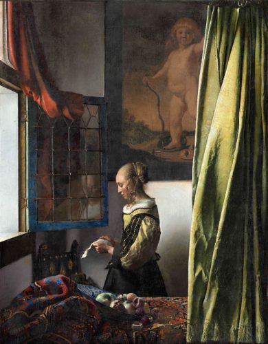 Johannes Vermeer, Dziewczyna czytająca list przy otwartym oknie, kupidyn, obraz w trakcie renowacji, ok. 1657-59, Galeria Obrazów Starych Mistrzów, Drezno, Niezła sztuka