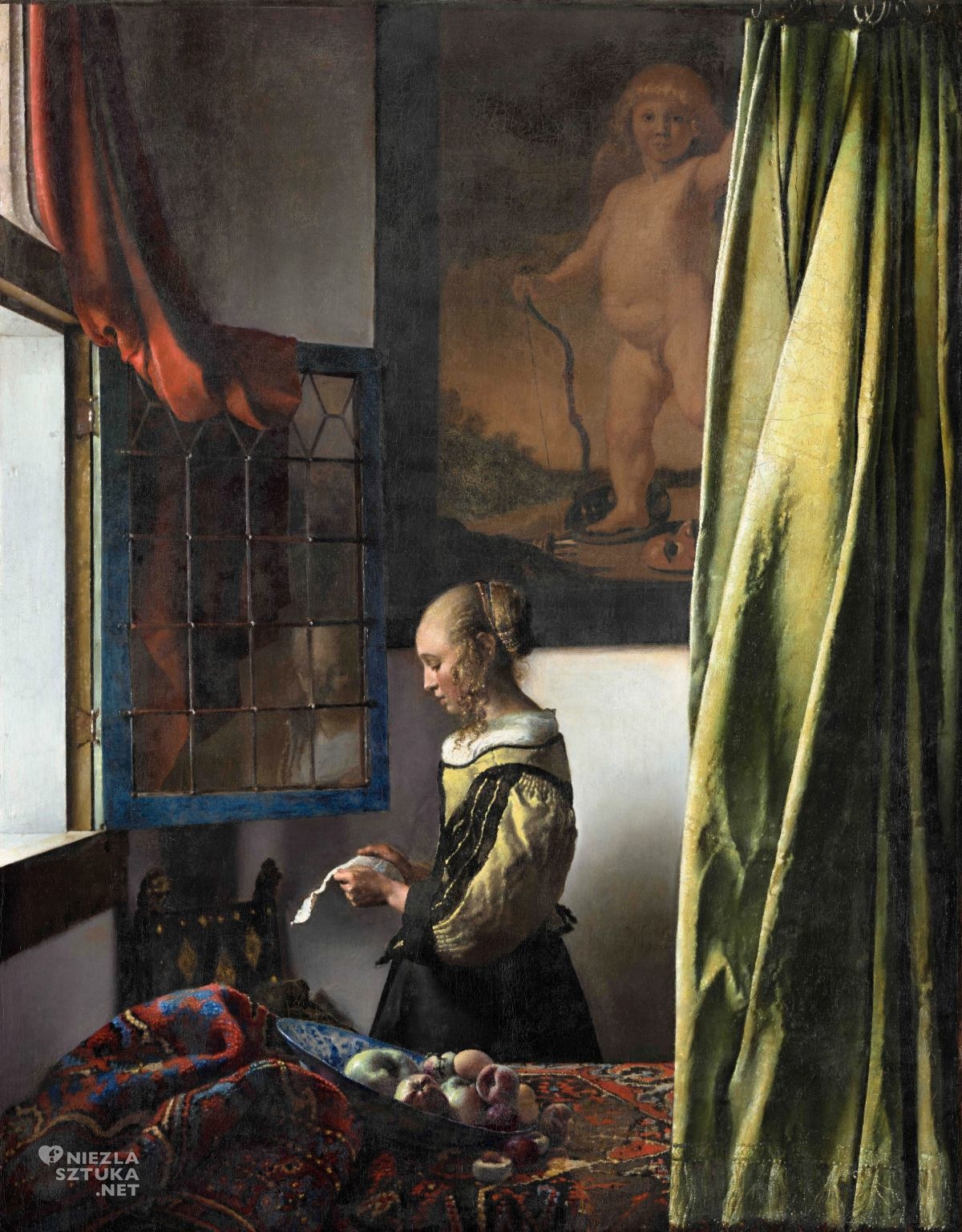 Johannes Vermeer, Dziewczyna czytająca list przy otwartym oknie, kupidyn, obraz w trakcie renowacji, ok. 1657-59, Galeria Obrazów Starych Mistrzów, Drezno, Niezła sztuka