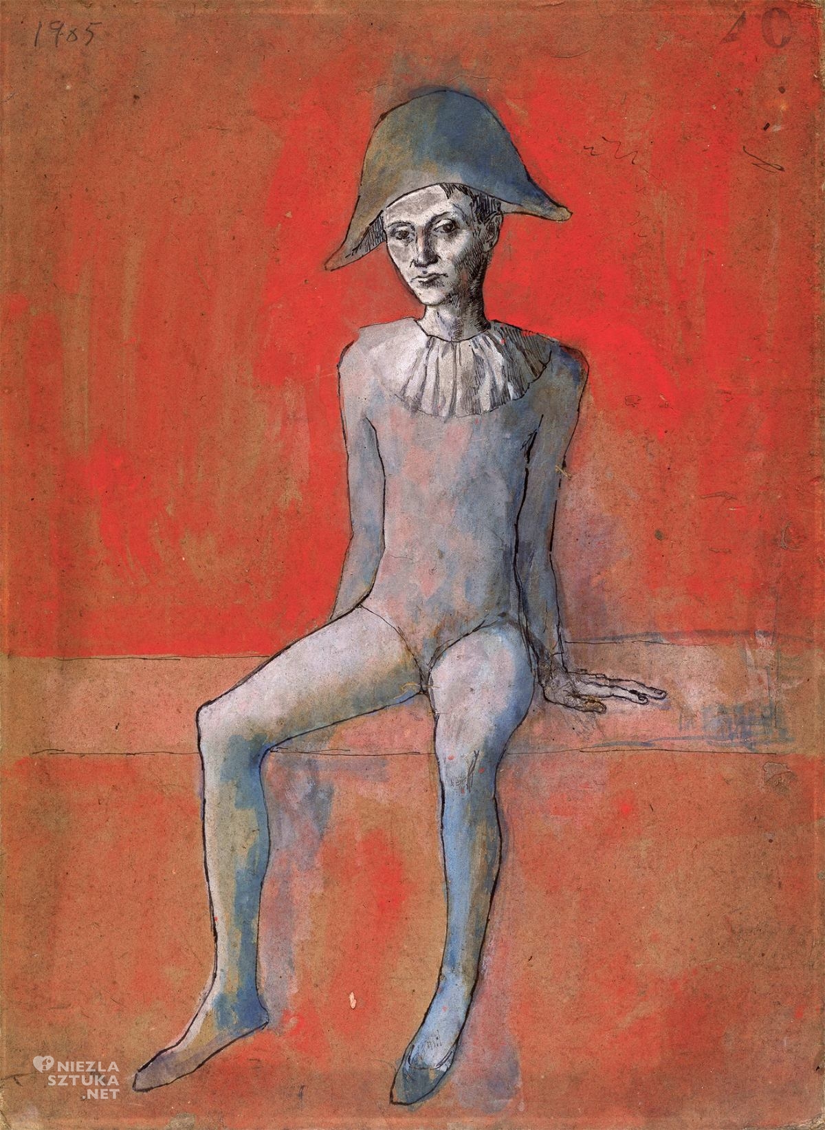 Pablo Picasso, Siedzący Arlekin na czerwonym tle, okres różowy, niezła sztuka