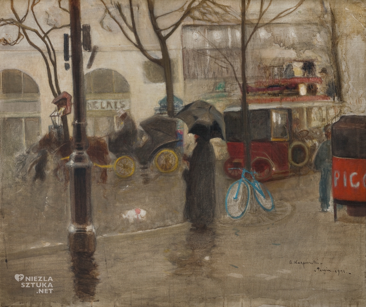Alfons Karpiński, Ulica paryska, pejzaż miejski, deszcz, miasto w deszczu, niezła sztuka