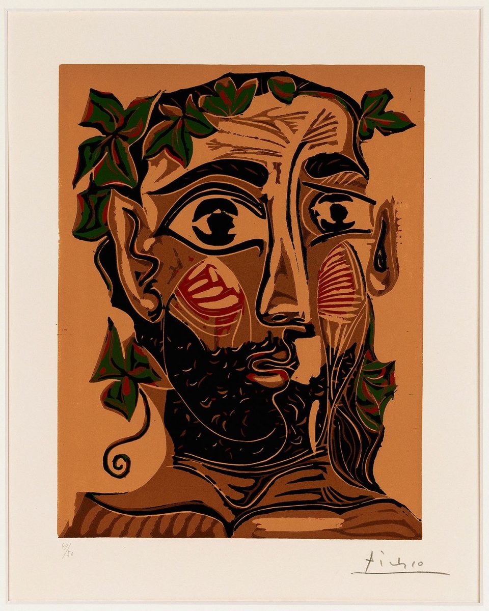 Pablo Picasso, Brodaty mężczyzna w koronie z winorośli, linoryt, papier, sztuka hiszpańska, sztuka modernistyczna, modernizm, Niezła Sztuka