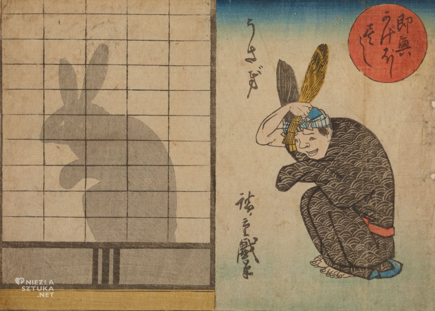 Utagawa Hiroshige, Improwizowany cień - zając, Usagi, grafika artystyczna, drzeworyt, sztuka, sztuka japońska, ukiyo-e, drzeworyty japońskie, niezła sztuka