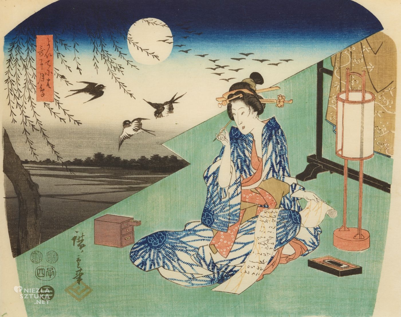 Utagawa Hiroshige, Księżyc i ptaki, Kobieta pisząca list, grafika artystyczna, drzeworyt, sztuka, sztuka japońska, ukiyo-e, drzeworyty japońskie, niezła sztuka