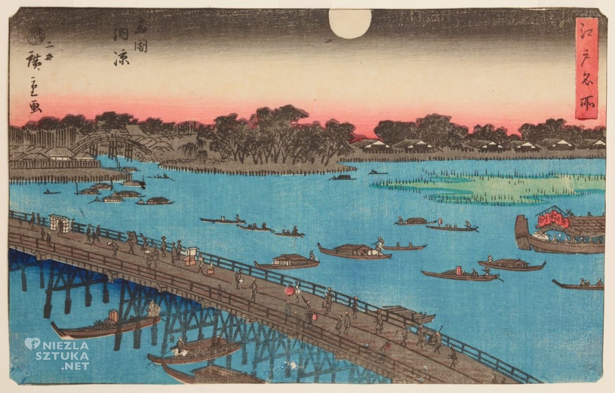 Utagawa Hiroshige, Most Ryogoku, Słynne widoki Edo, grafika artystyczna, drzeworyt, sztuka, sztuka japońska, ukiyo-e, drzeworyty japońskie, niezła sztuka