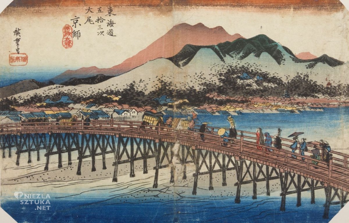 Utagawa Hiroshige, Most na rzece Kamo w Kioto, grafika artystyczna, drzeworyt, sztuka, sztuka japońska, ukiyo-e, drzeworyty japońskie, niezła sztuka