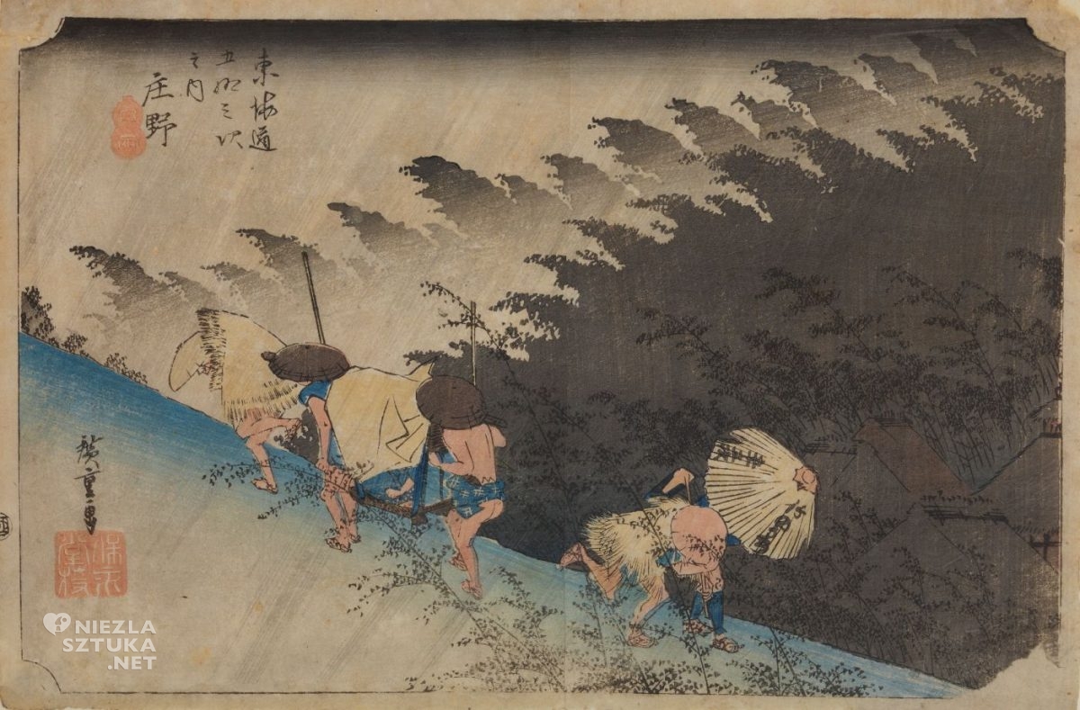 Utagawa Hiroshige, Nagła ulewa w Shono, grafika artystyczna, drzeworyt, sztuka, sztuka japońska, ukiyo-e, drzeworyty japońskie, niezła sztuka