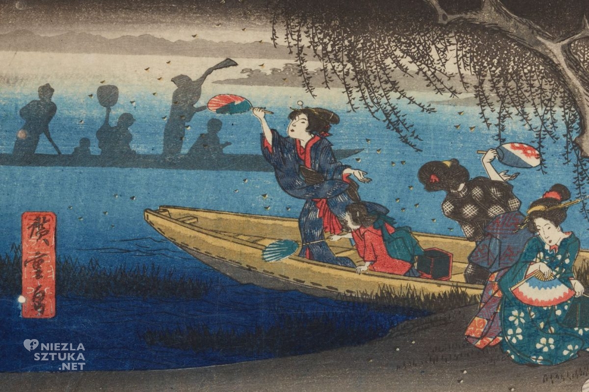 Utagawa Hiroshige, Polowanie na świetliki, grafika artystyczna, drzeworyt, sztuka, sztuka japońska, ukiyo-e, drzeworyty japońskie, niezła sztuka