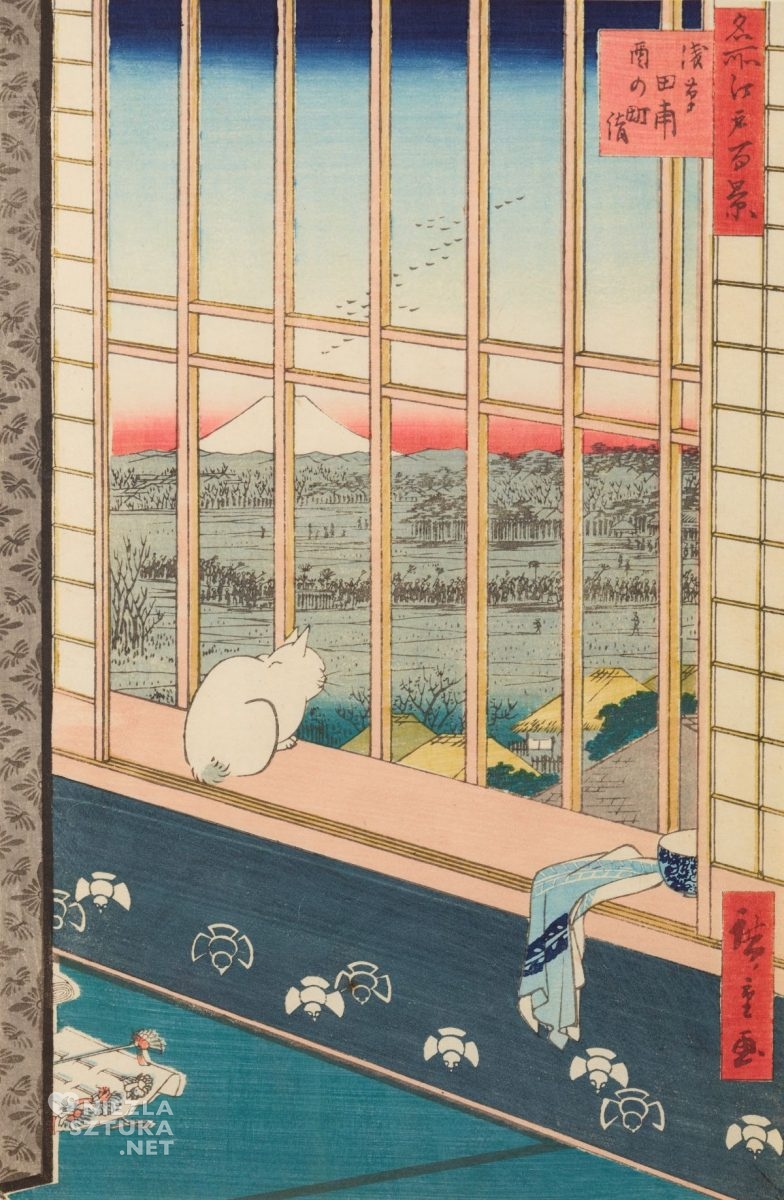 Utagawa Hiroshige, Procesja w dniu święta Koguta idąca do świątyni przez pola ryżowe, grafika artystyczna, sztuka japońska, sztuka, niezła sztuka
