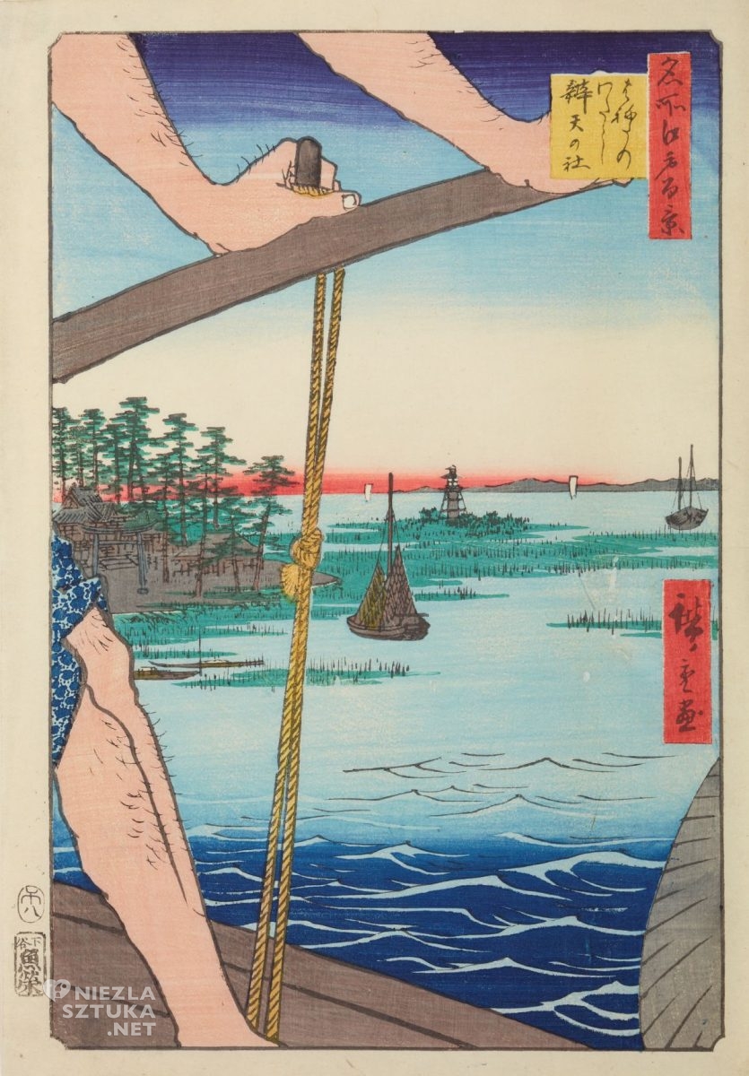 Utagawa Hiroshige, Widok z promu w Haneda na świątynię Benten, grafika artystyczna, drzeworyt, sztuka, sztuka japońska, ukiyo-e, drzeworyty japońskie, niezła sztuka