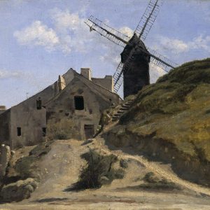 Jean-Baptiste Camille Corot, Un Moulin a Montmartre, olej. papier, płótno, pejzaż, realizm, niezła sztuka