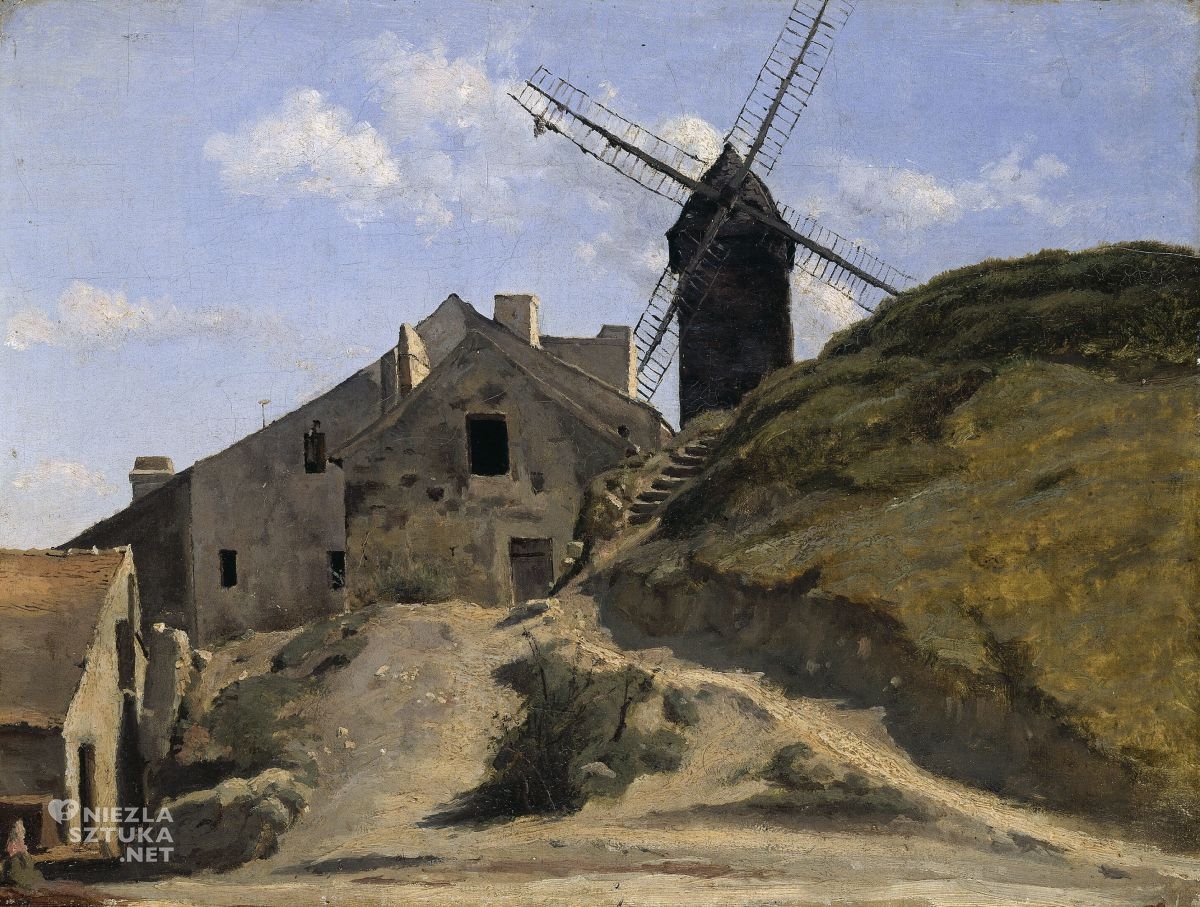 Jean-Baptiste Camille Corot, Un Moulin a Montmartre, olej. papier, płótno, pejzaż, realizm, niezła sztuka