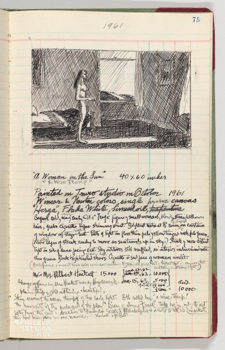 Edward Hopper, kobieta w słońcu, a woman in the sun, Artist's ledger, szkic, notatnik, inwentarz, opis obrazu, niezła sztuka