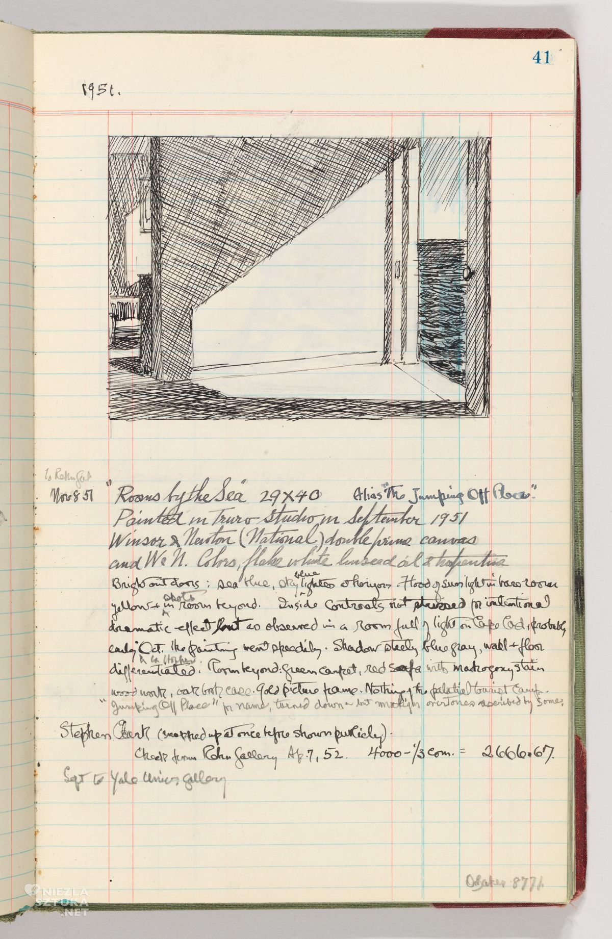 Edward Hopper, Pokoje nad morzem, Rooms by the sea, Artist's ledger, szkic, notatnik, inwentarz, opis obrazu, niezła sztuka
