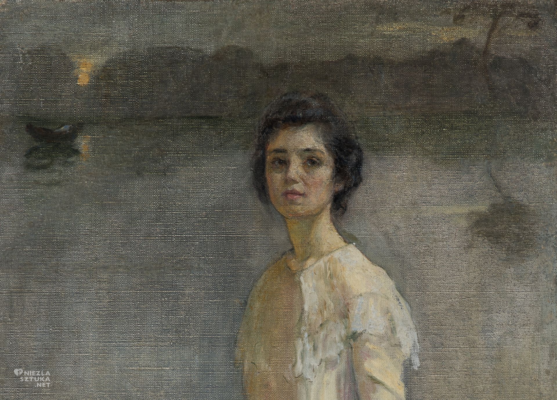 Mela Muter, kolekcja Bolesława i Liny Nawrockich, P. Jamski, detal, Autoportret w świetle księżyca, sztuka polska, kobiety w sztuce, pejzaż, nokturn, olej, płótno, niezła sztuka