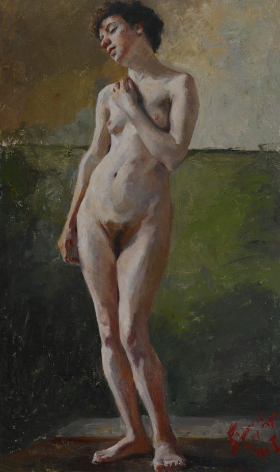 Florine Stettheimer, Nude Study, Standing with Hand to Shoulder, rysunek, ołówek, papier, realizm, niezła sztuka