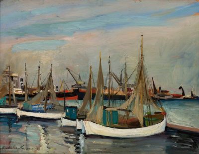 Michalina Krzyżanowska, port rybacki w Gdyni, pejzaż, artystka polska, polska malarka, Konrad Krzyżanowski żona, sztuka polska, malarstwo polskie, niezła sztuka