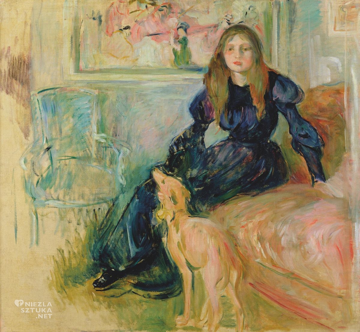 Berthe-Morisot, Julie Manet and her Greyhound Laerte, Julie Manet z jej chartem angielskim Laerte, Paryż, kobiety w sztuce, akwarela, niezła sztuka