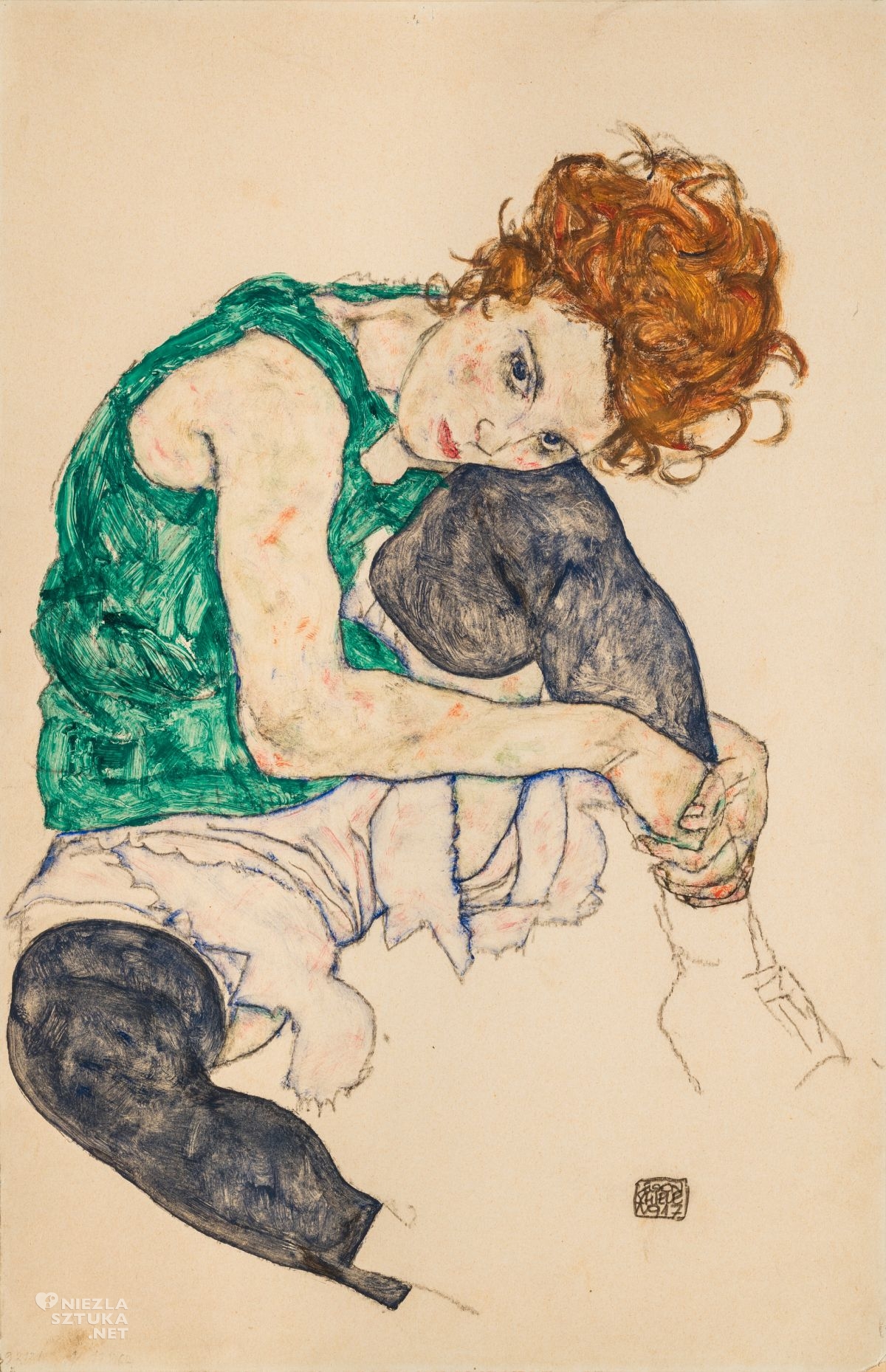 Egon Schiele, Siedząca kobieta z ugiętymi kolanami, sztuka austryjacka, secesja wiedeńska, Niezła Sztuka