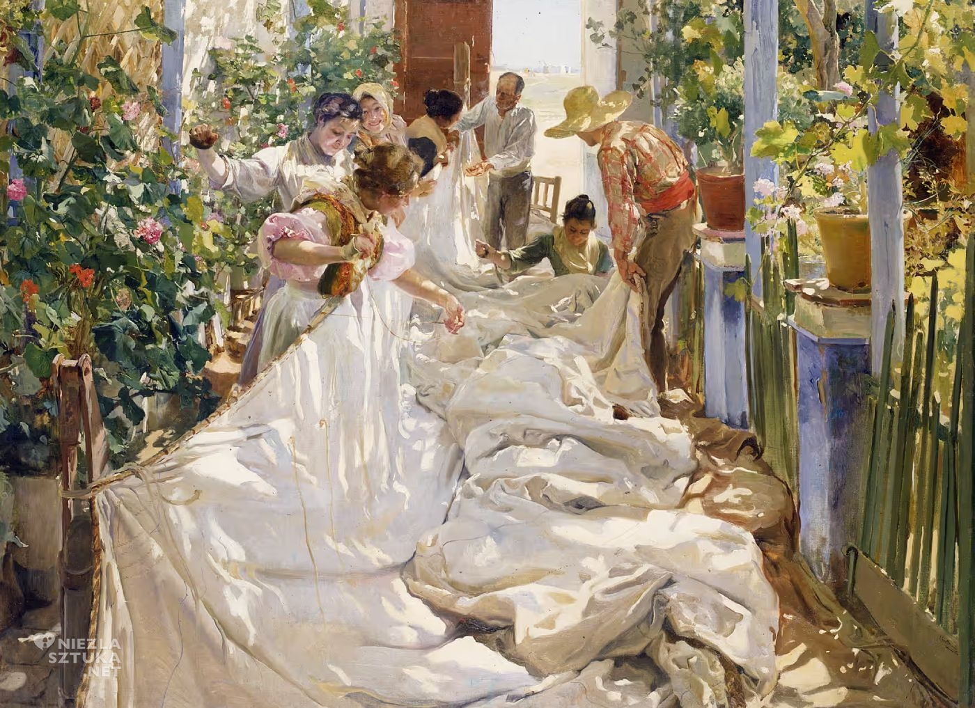 Joaquin Sorolla, Szycie żagla, Sewing the Sail, sztuka hiszpańska, scena rodzajowa, niezła sztuka