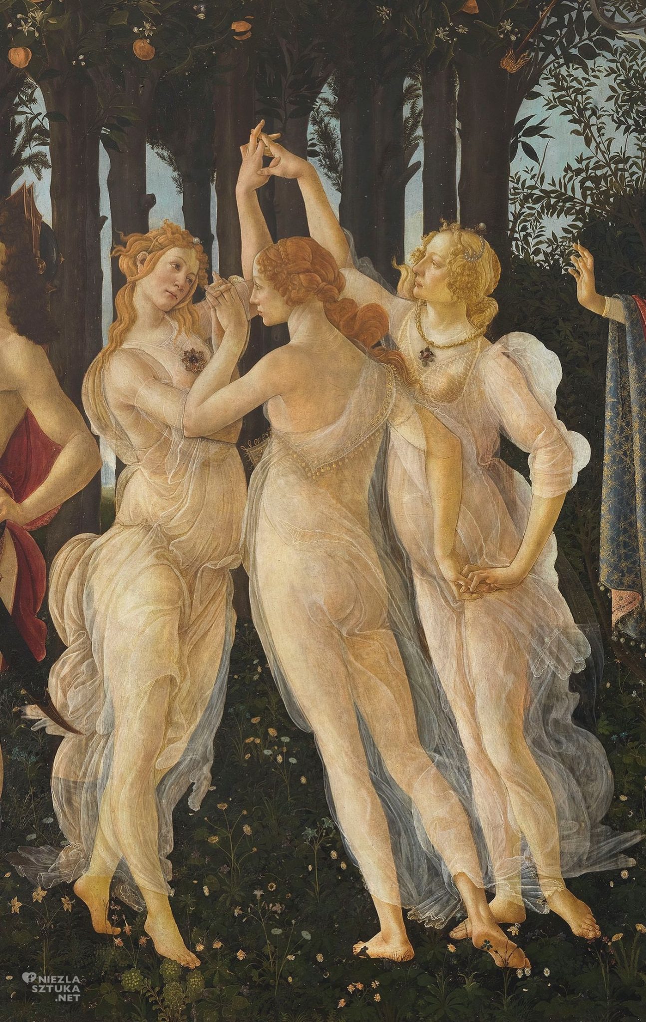 Sandro Botticelli, La Primavera, Wiosna, trzy gracje, detal, renesans, sztuka włoska, Niezła Sztuka