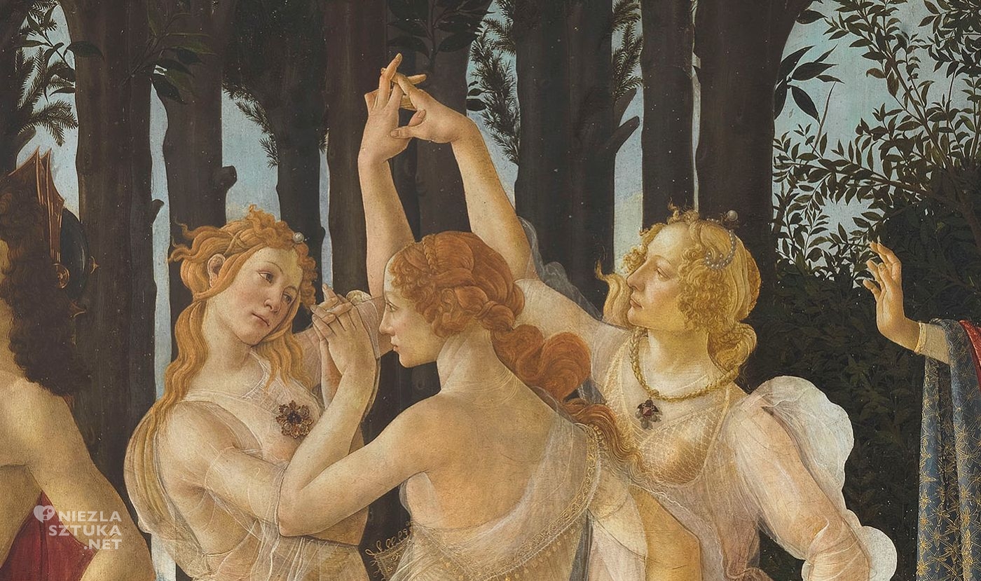 Sandro Botticelli, La Primavera, Wiosna, trzy gracje, detal, renesans, sztuka włoska, Niezła Sztuka