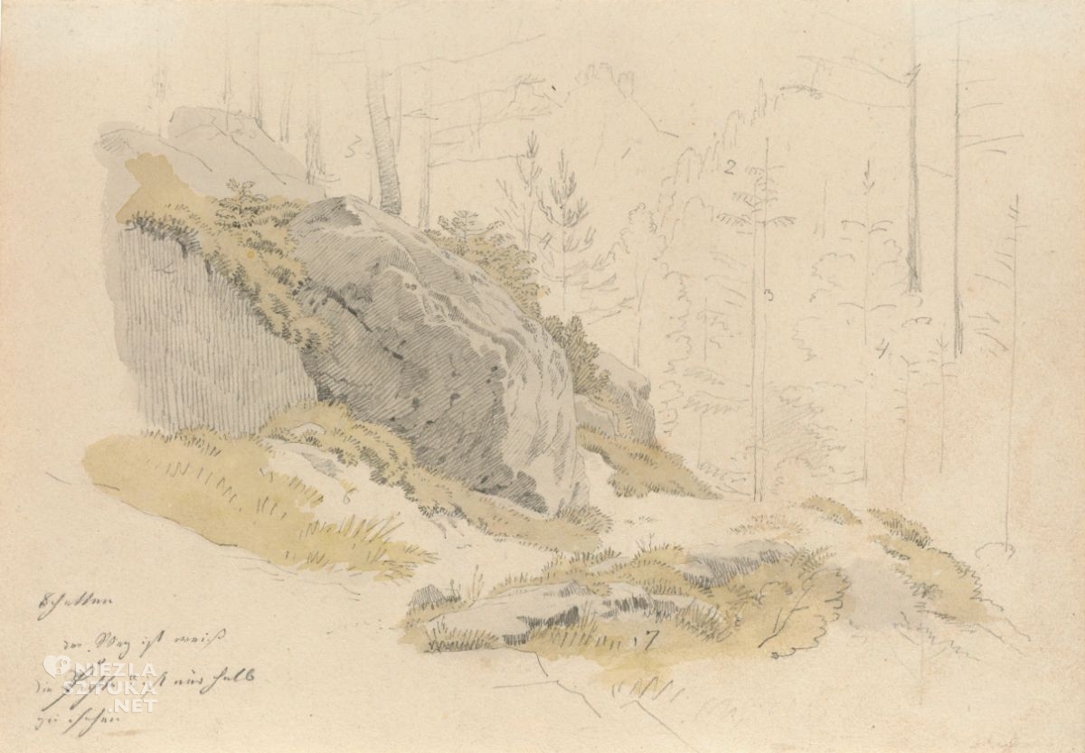 Caspar David Friedrich, skały na leśnej ścieżce, romantyzm, szkic, sztuka niemiecka, Niezła Sztuka