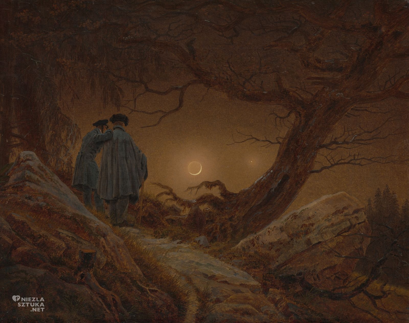 Caspar David Friedrich, Dwaj mężczyźni kontemplujący księżyc, romantyzm, sztuka niemiecka, Niezła Sztuka