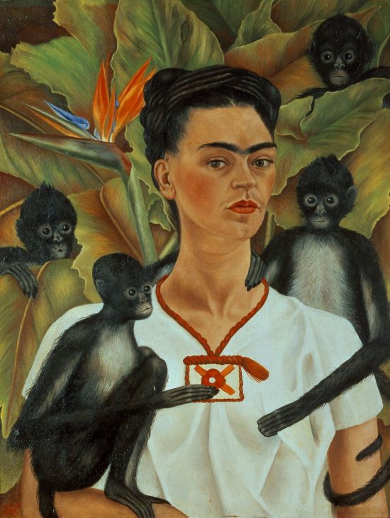 Frida Kahlo, Autoportret z małpkami, autoportret, małpa, realizm, kobiety w sztuce, sztuka meksykańska, Meksyk, niezła sztuka